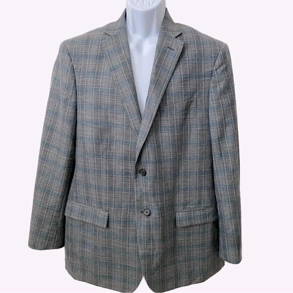 Lauren Ralph Lauren, Silk Linen Wool 44R Two Button Blue/Grey Plaid Blaz…